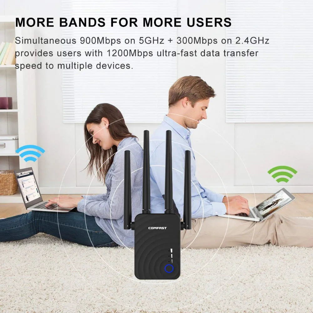 AC1200 dual band WiFi range extender with four antennas and four Ethernet ports in black colour