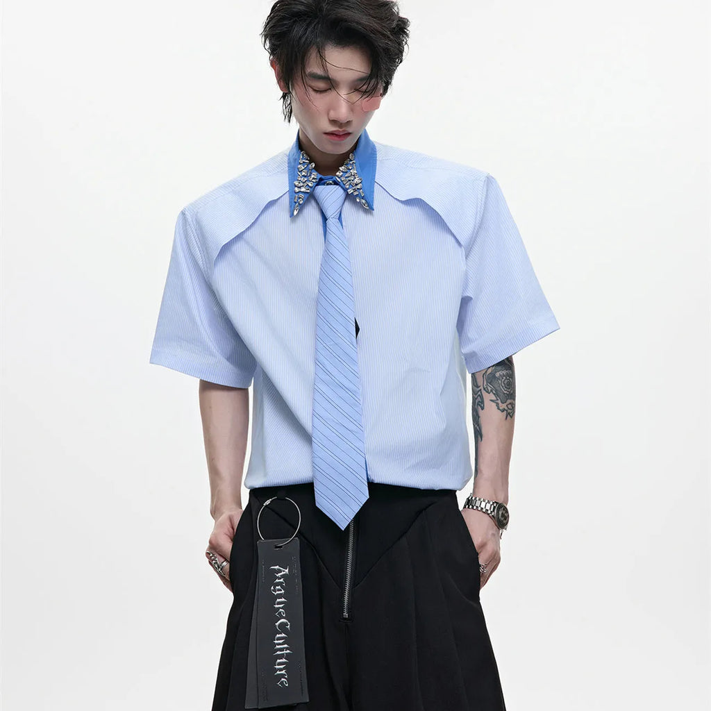 Men's blue and khaki loose fit shirt with diamond tie and patchwork striped pattern.