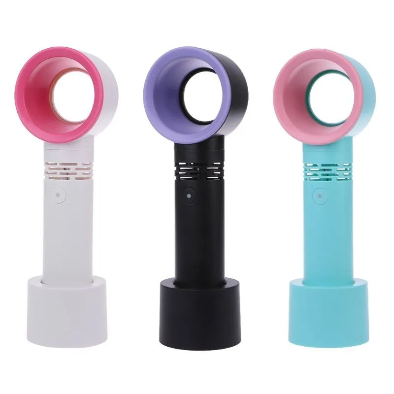 Portable bladeless fan with USB cable and base in assorted colours