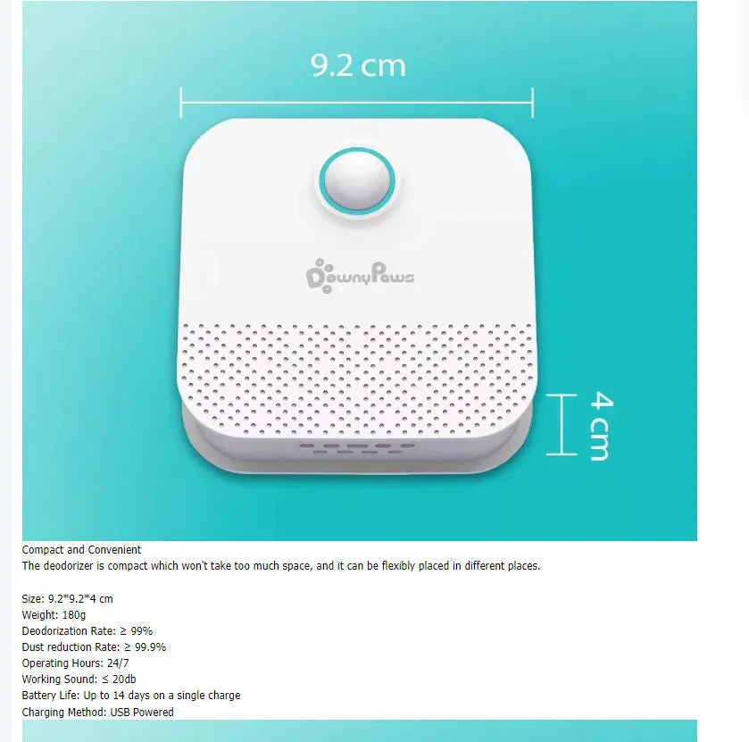 White DownyPaws smart cat odor purifier unit with compact 9.2cm cubic design for litter box areas.