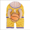 Red dog basketball costume with attached ball prop on small breed dog