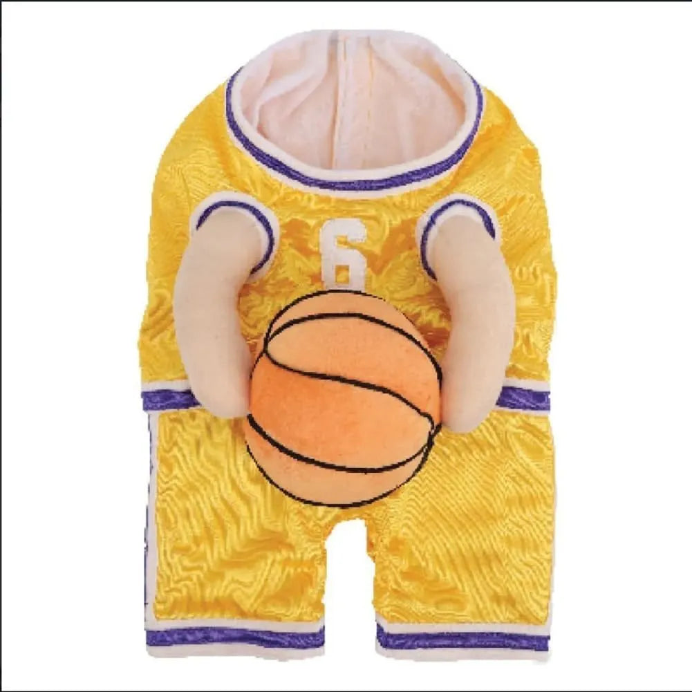 Red dog basketball costume with attached ball prop on small breed dog