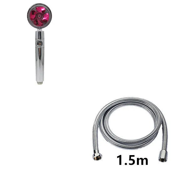 Blue handheld shower head with stop button and turbo nozzle on a chrome bracket.