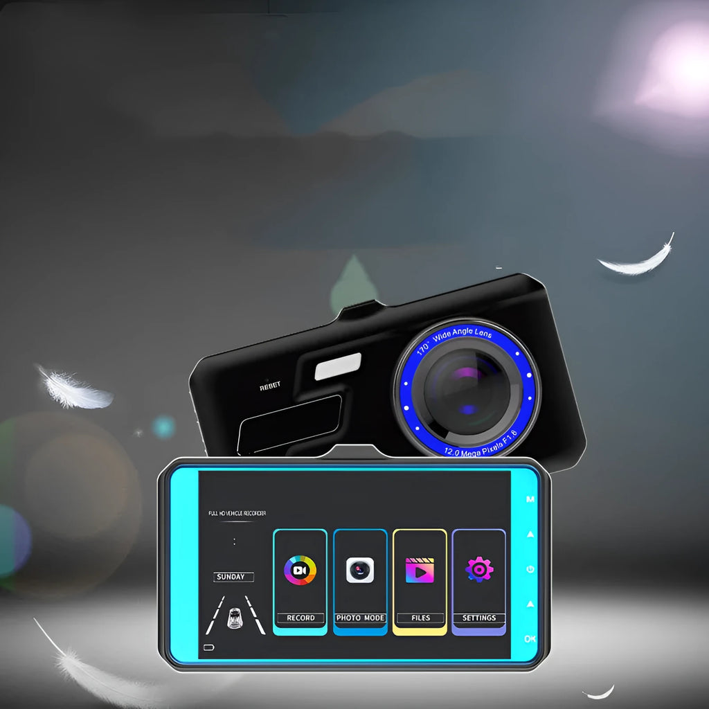 Black touch screen car driving recorder with front and rear cameras mounted in vehicle