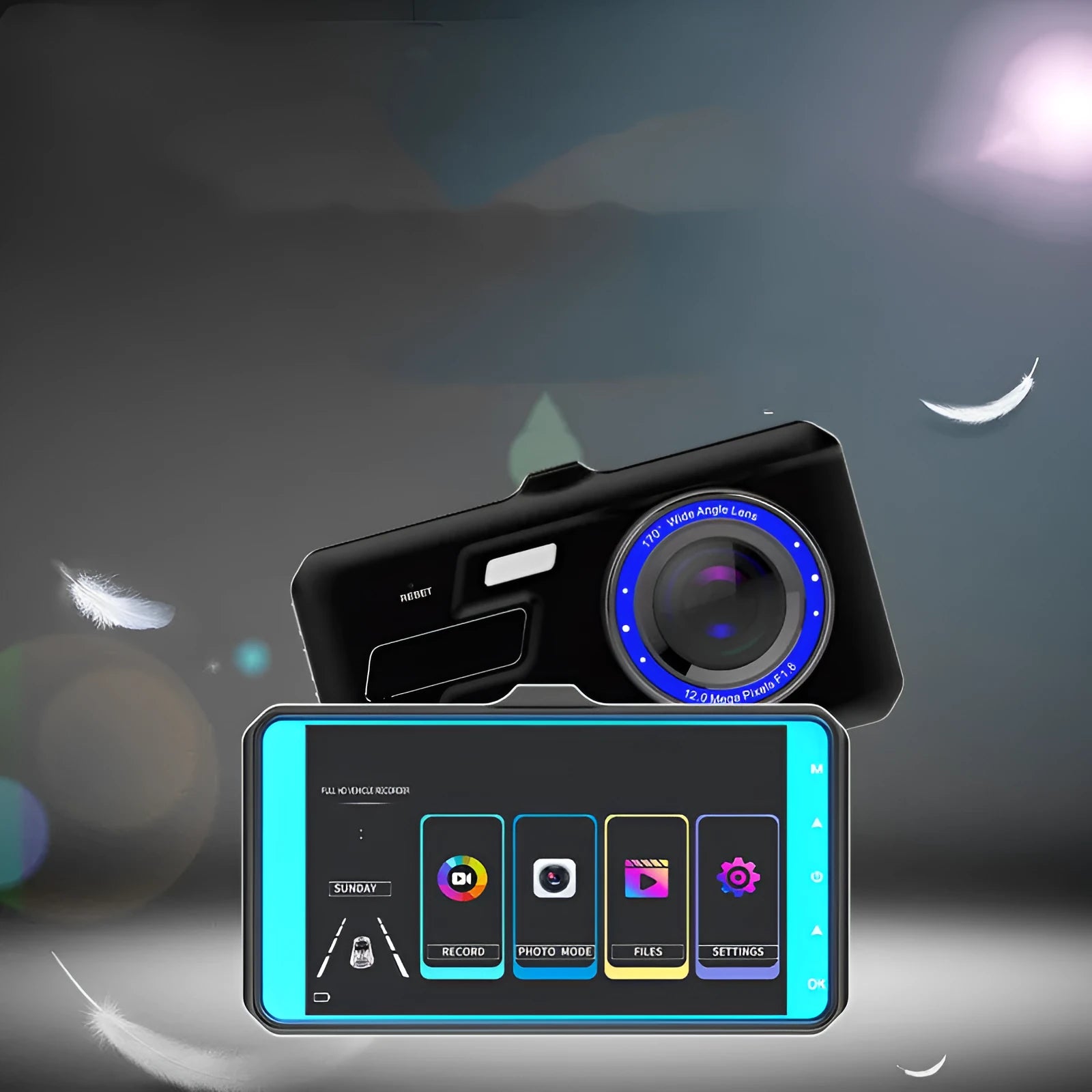 Black touch screen car driving recorder with front and rear cameras mounted in vehicle