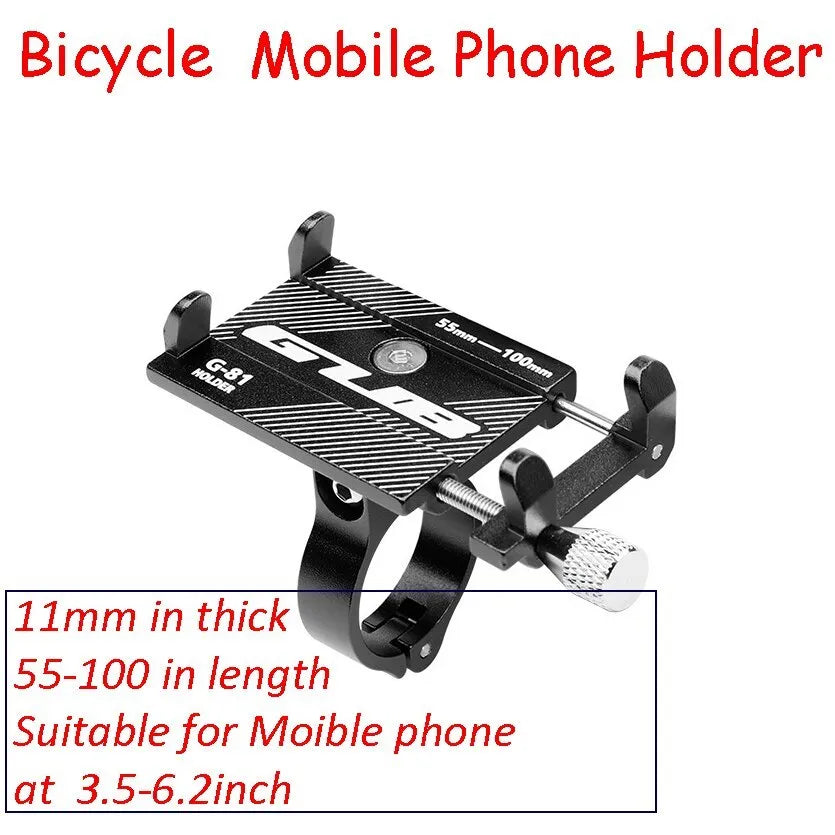 Aluminium alloy bicycle phone holder with 360-degree rotation on a bike handlebar.