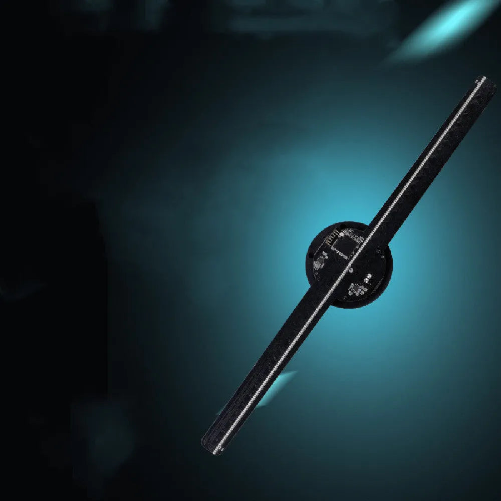 Black 3D holographic advertising fan screen displaying a vibrant floating image, shown with a mobile phone for app control.