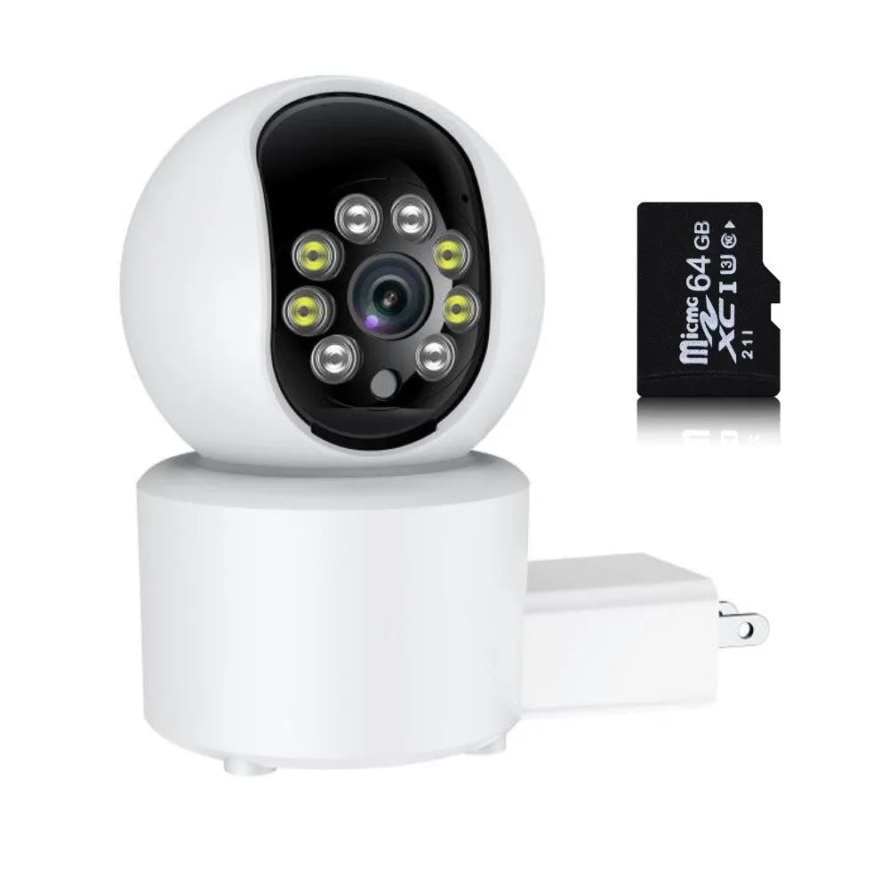 White wireless indoor 360-degree smart security camera on a stand for home monitoring.