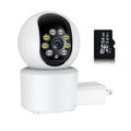 White wireless indoor 360-degree smart security camera on a stand for home monitoring.