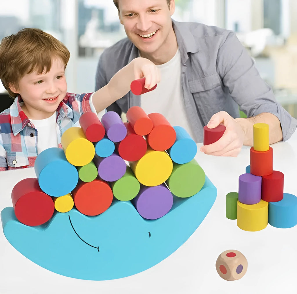 Wooden moon balance game with yellow and blue blocks for toddlers aged 2-4