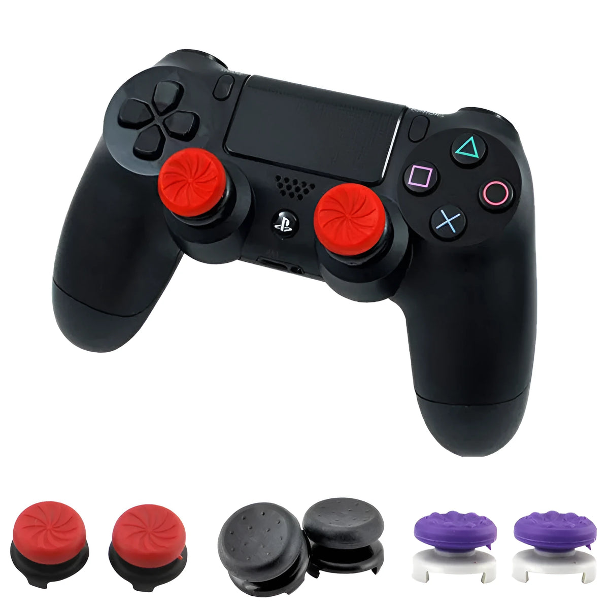 PS4 thumb grip extender caps in ABS plastic, shown in Black Red and Purple, for PlayStation 4 controller