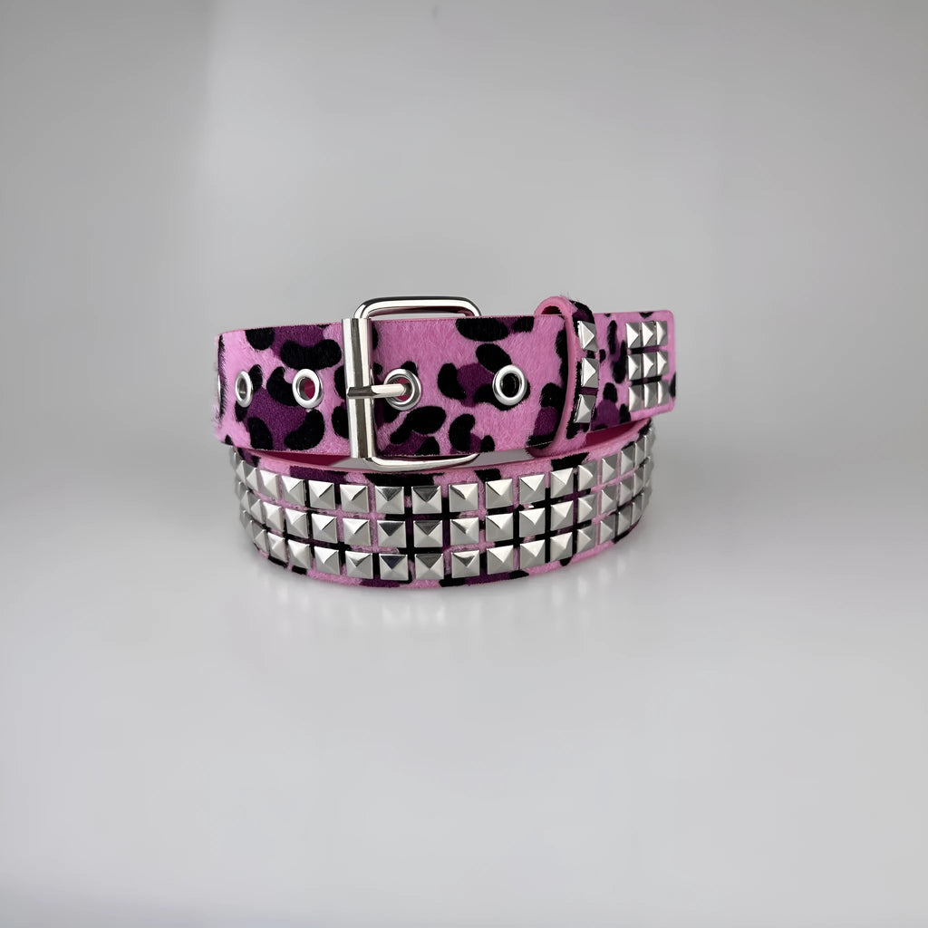 Women's punk belt with metal rivets and animal print pyramid pattern on PU leather strap