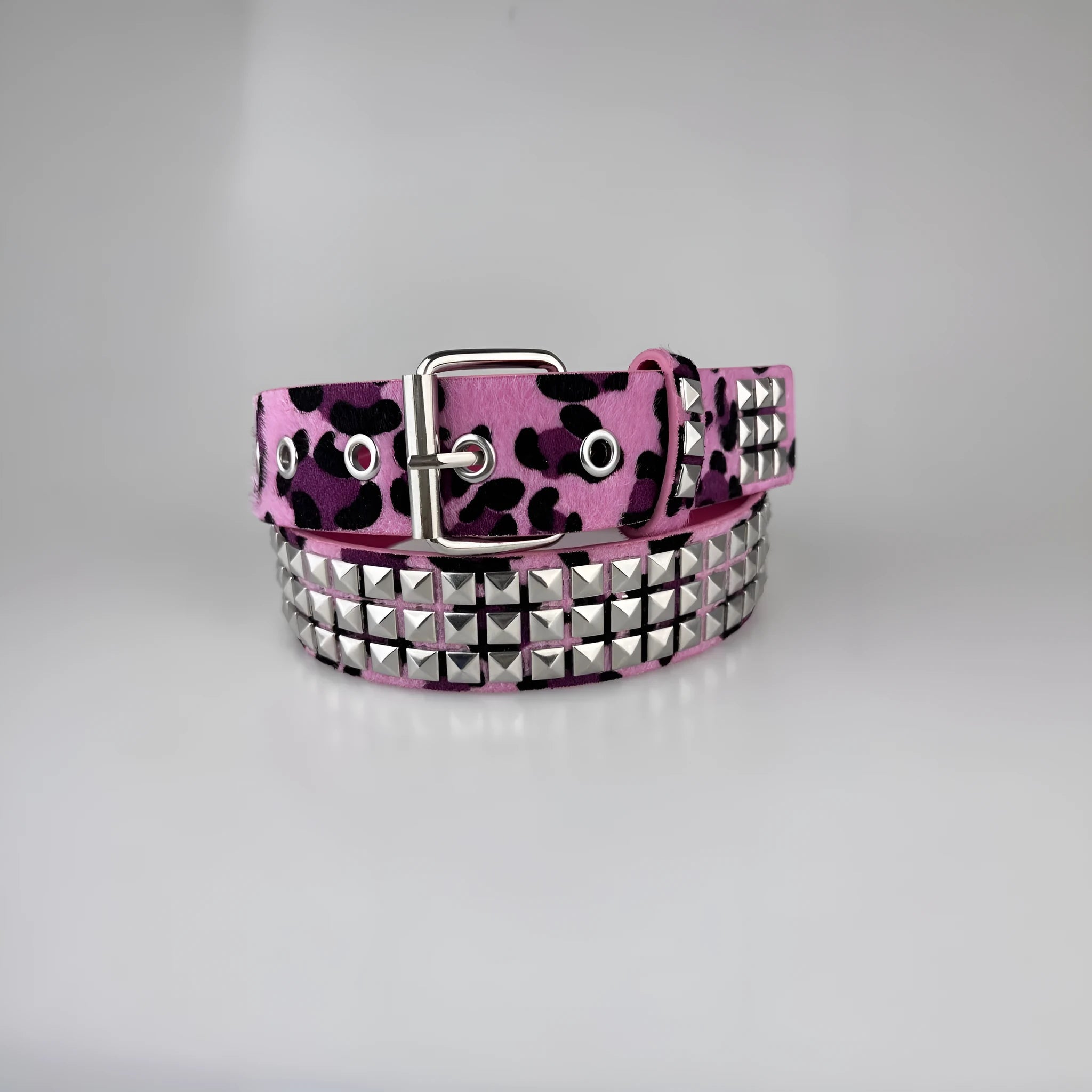 Women's punk belt with metal rivets and animal print pyramid pattern on PU leather strap