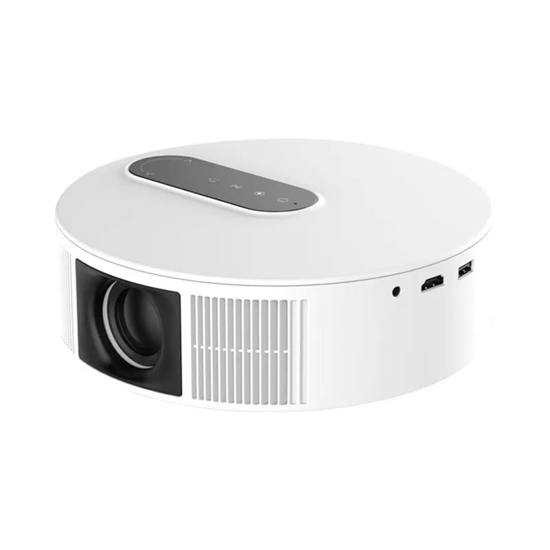 White 720p HD home theatre projector with remote control on wooden surface