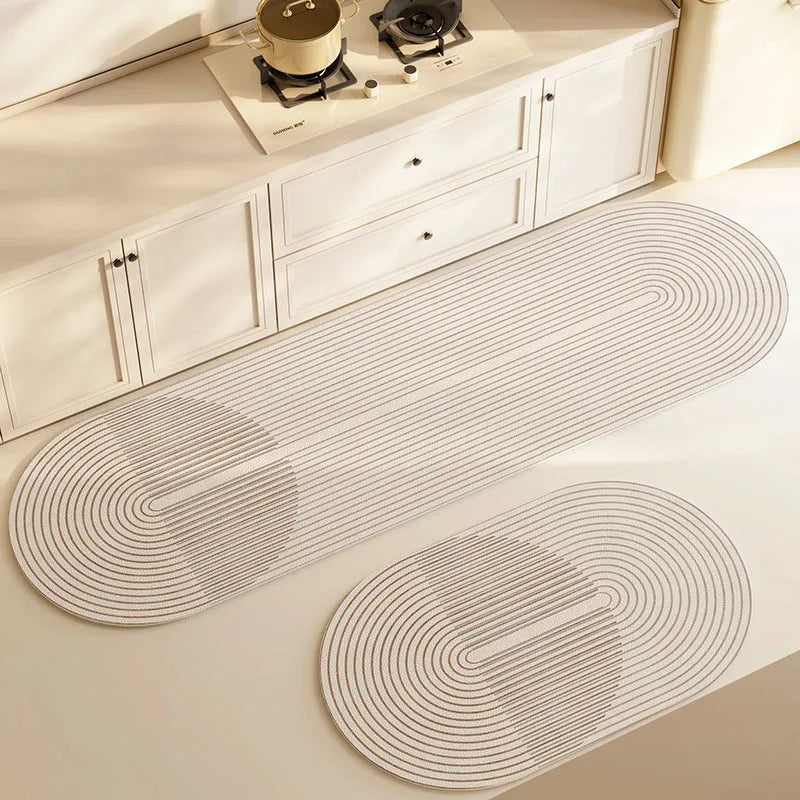 Household oval diatom ooze kitchen floor mat with stripe geometric pattern in Gu Chuan colour on tiled kitchen floor