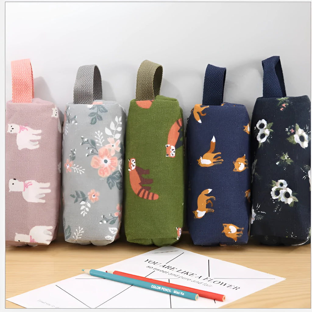 Canvas large-capacity stationery bag in four colours Blue Green Grey Pink with zip closure