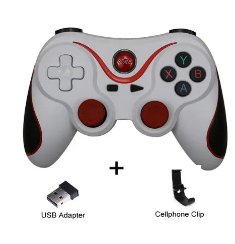 Upgraded X3 Bluetooth wireless game controller for Android phones in black or white, shown with phone clip attached.