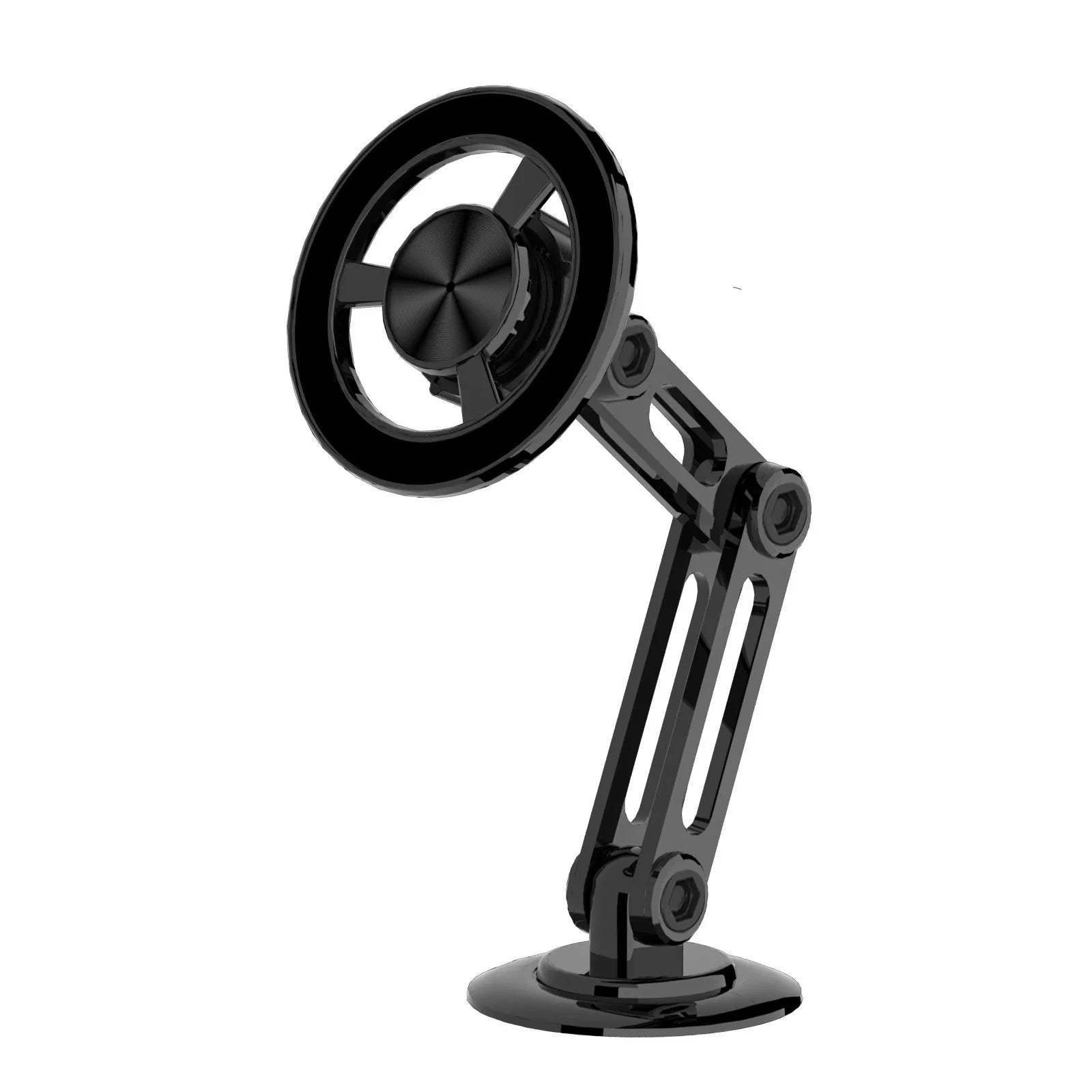 All-metal magnetic car phone holder in black, silver, gold, or rose gold with magnetic rings and adhesive pads