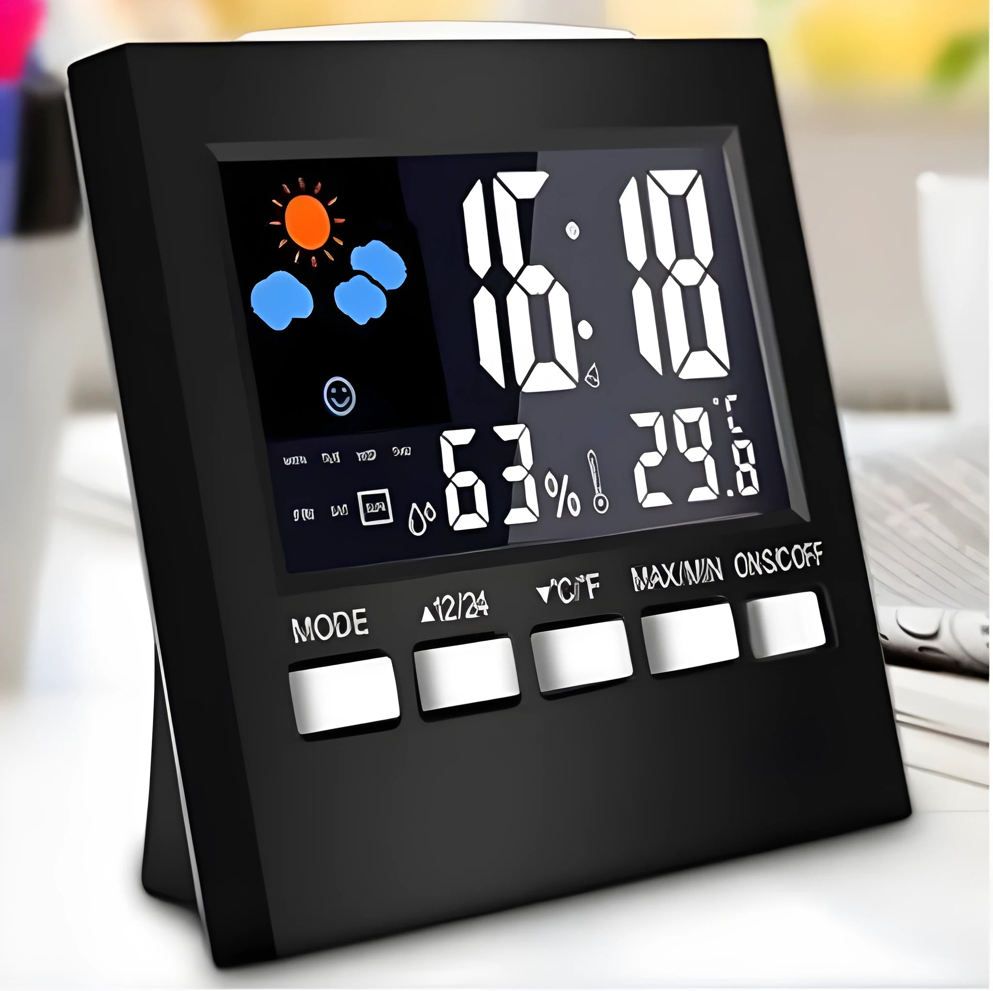 Black multifunctional perpetual calendar alarm clock thermometer with voice-controlled backlight and weather forecast display
