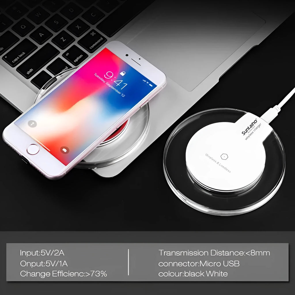 Black wireless charging pad compatible with Samsung Galaxy and iPhone smartphones