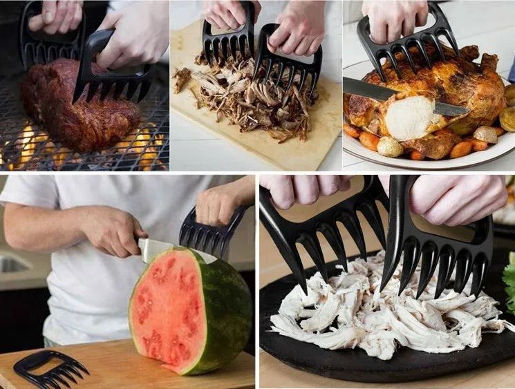 Two black bear claw meat shredder forks for pulling pork and BBQ preparation.