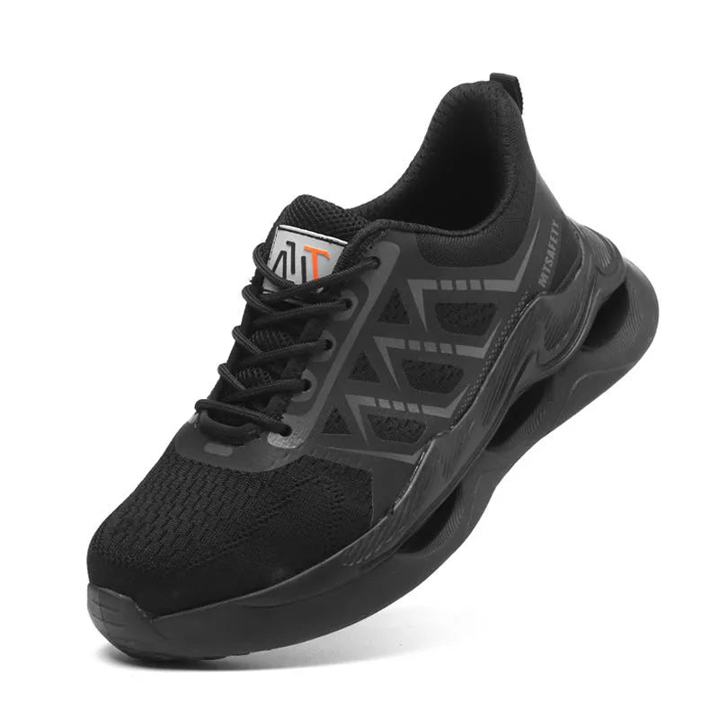 Black steel toe cap safety shoes with flat knitted uppers and front lace-up closure