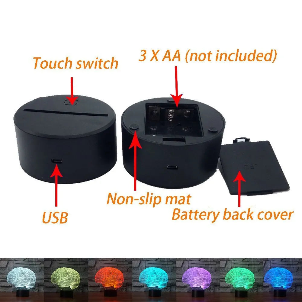 3D brain design acrylic LED lamp with colour changing lights on a black ABS base.