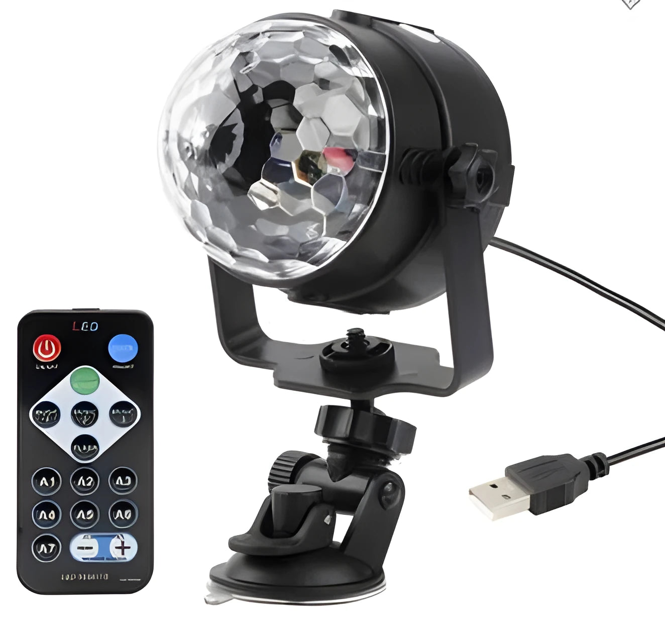 3W RGB LED crystal magic ball party light with remote control on a dark stage showing colourful light beams