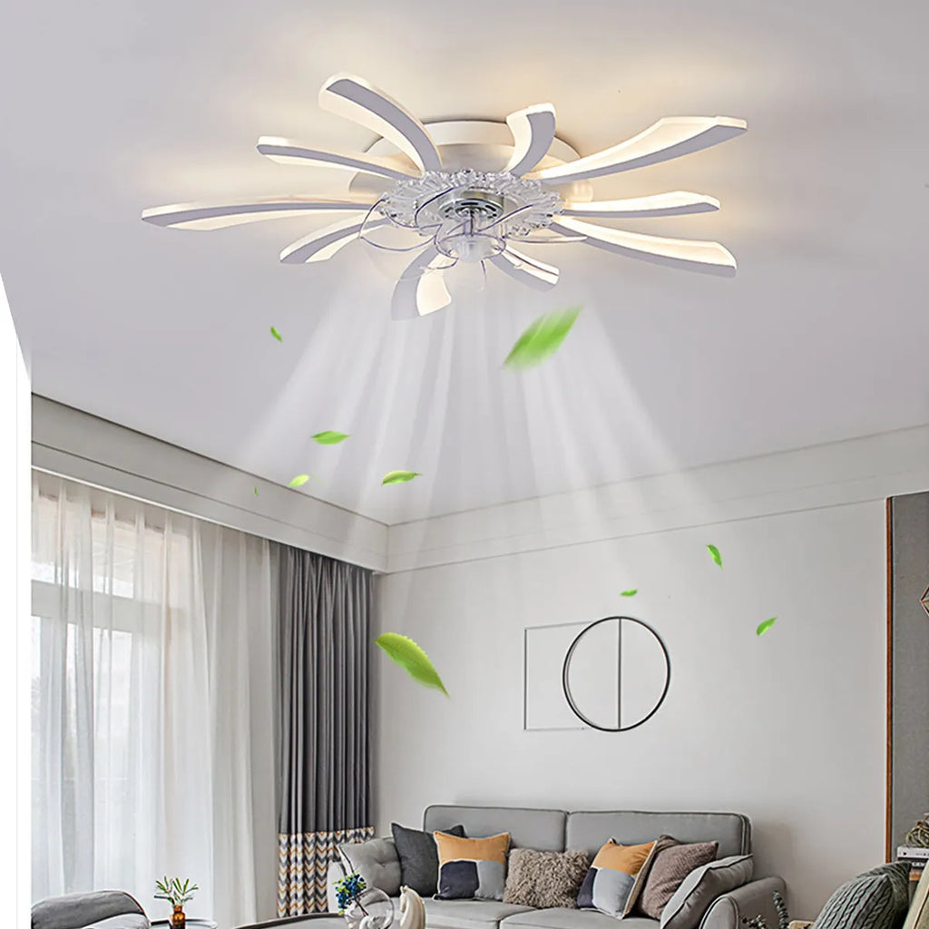 Modern white ceiling fan light with six blades and integrated light, bauhinia flower design.