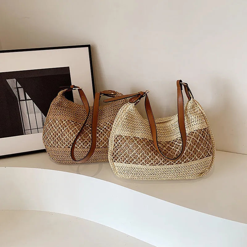 Women's khaki straw cross body bag with sandwich pocket showing horizontal square design