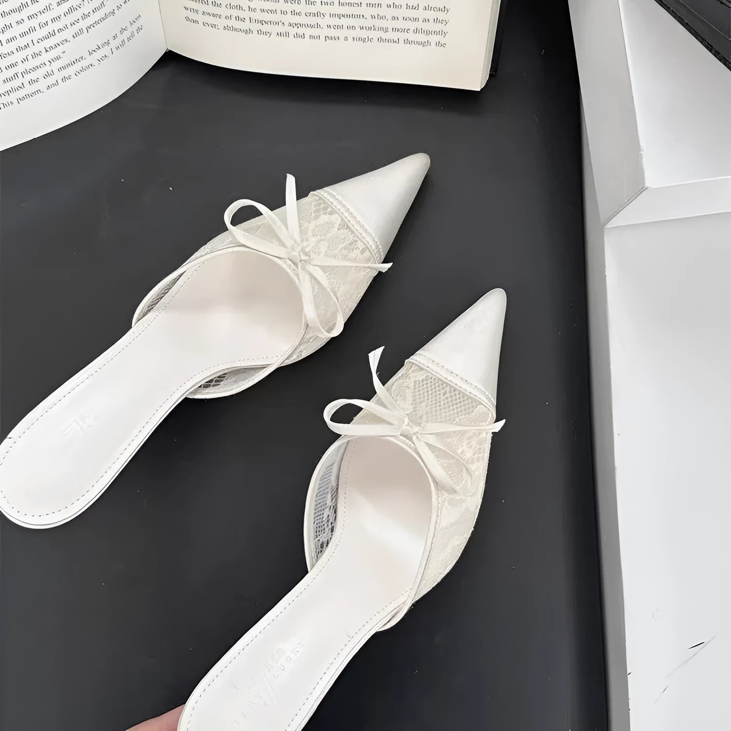 Women's lace pointed toe high heels with decorative bowknot in light brown colour
