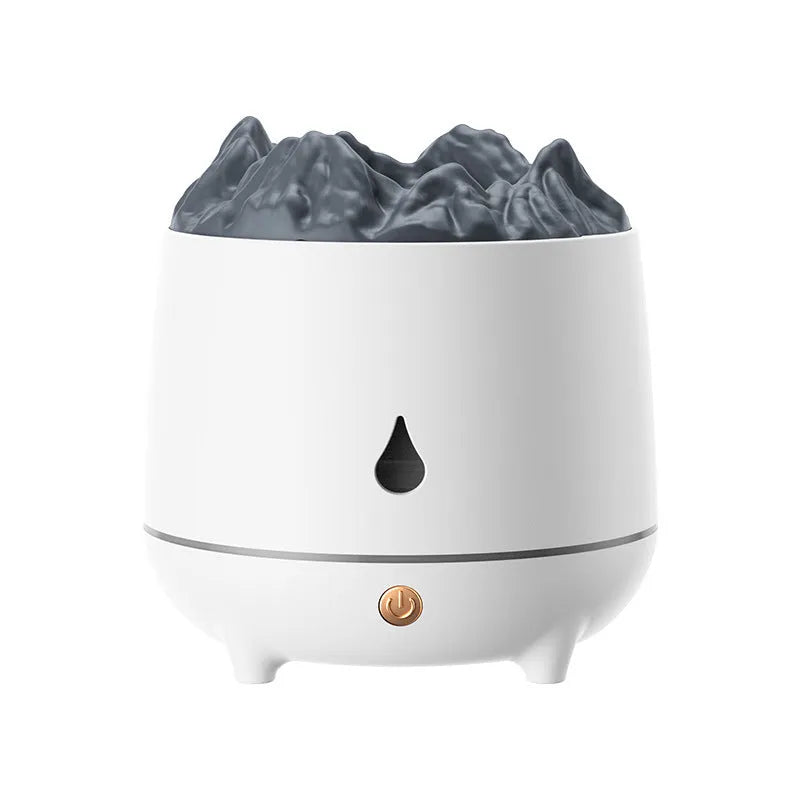 White volcano-shaped ultrasonic humidifier with USB cable for room moisture control