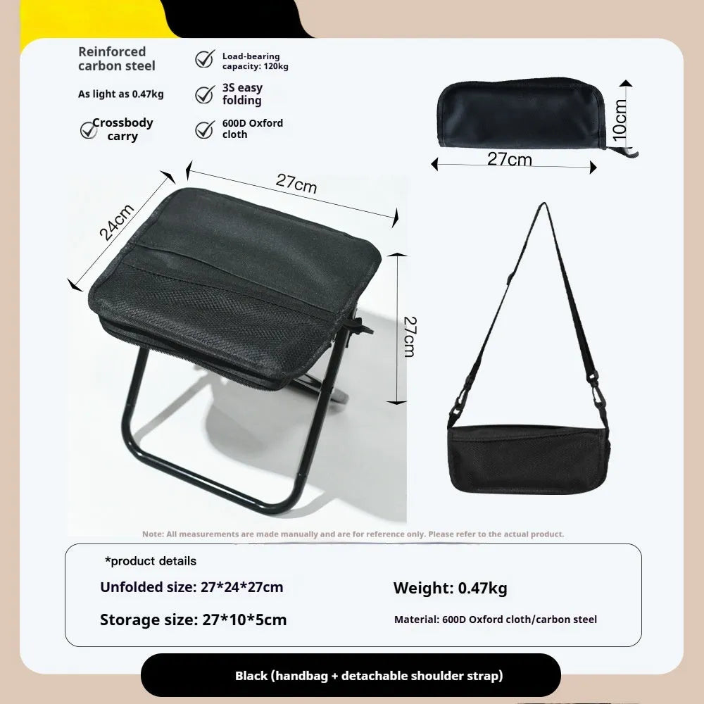 A lightweight foldable camp chair stool in oxford cloth, shown in a khaki colour, folded compactly.