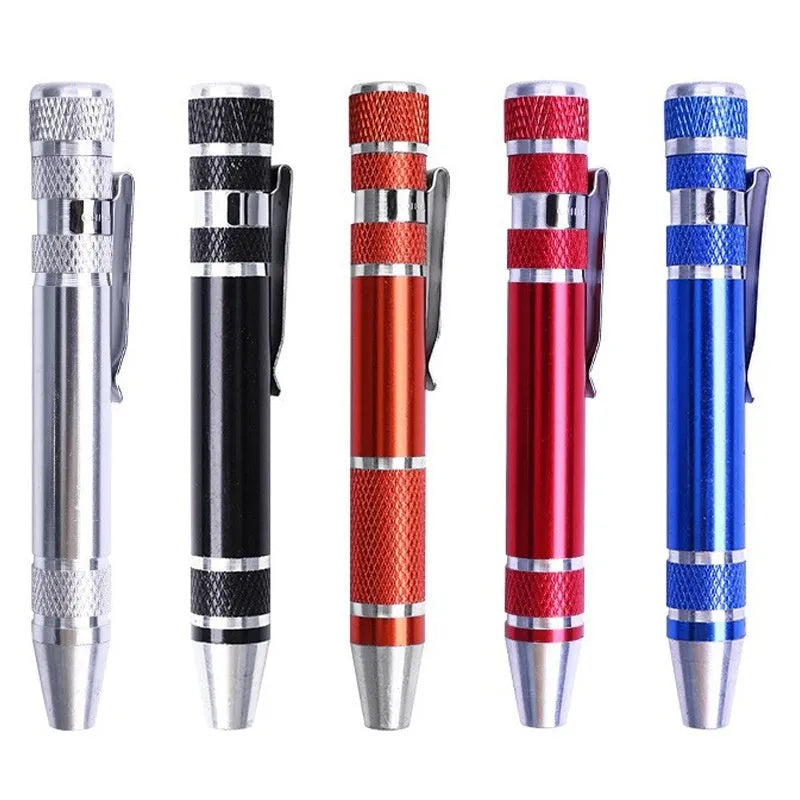 8-in-1 aluminium alloy pen-type screwdriver set with multiple coloured handles and nickel-plated cutter heads