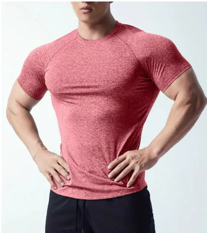 Men's tight stretch round neck short sleeve t-shirt in grey polyester fabric.