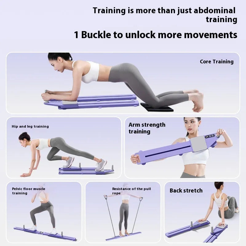 Twilight purple split multifunctional skiing machine trainer on a floor, showing the 85cm long PP plastic board with independent moving sections.
