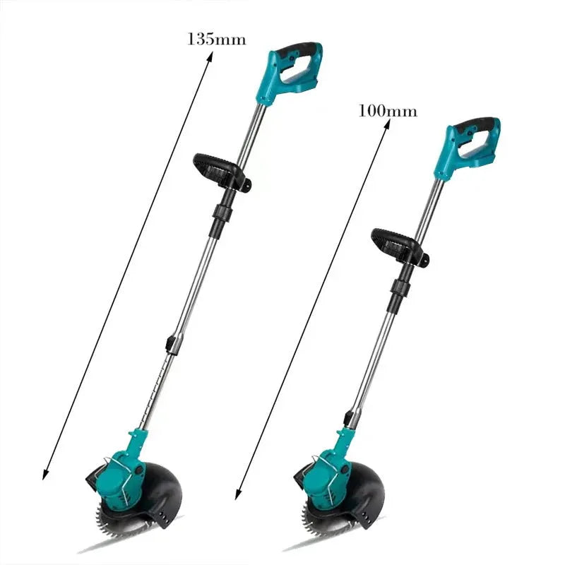 Folding lithium electric lawn mower with telescopic handle, circular blade, and wheels on grass