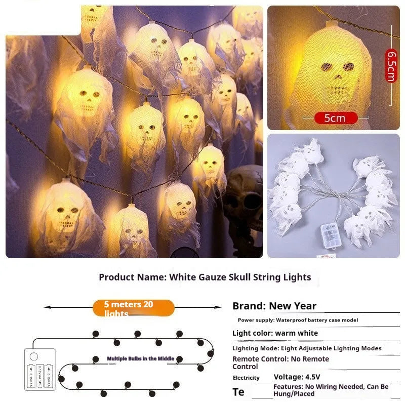Battery-powered Halloween coloured LED string lights for indoor wall decoration.