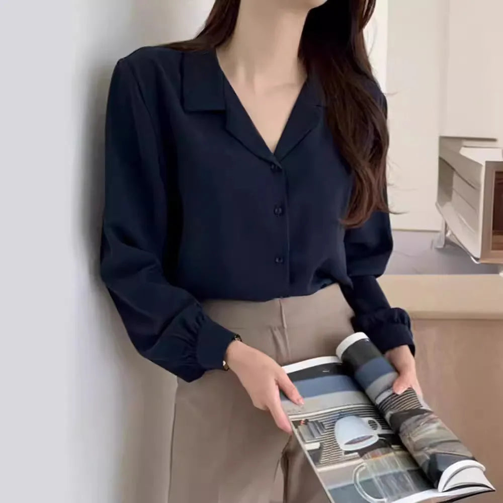 Simple suit collar chiffon shirt women's long sleeve loose cardigan style in white