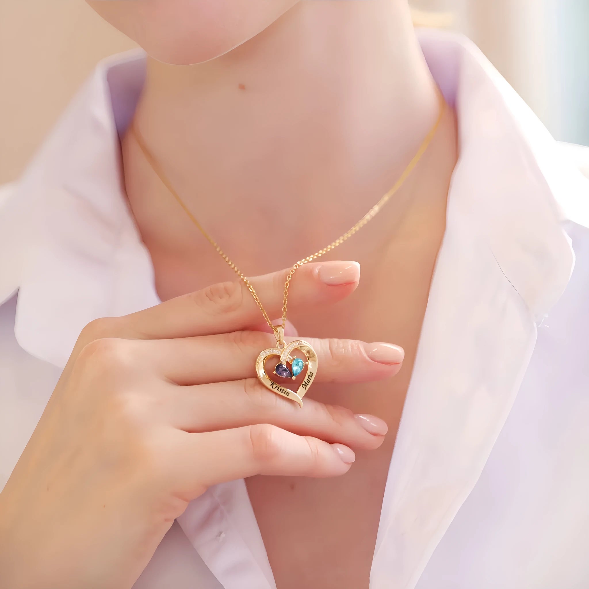 Two-colour water drop heart pendant necklace with birthstones and diamond accents on copper chain