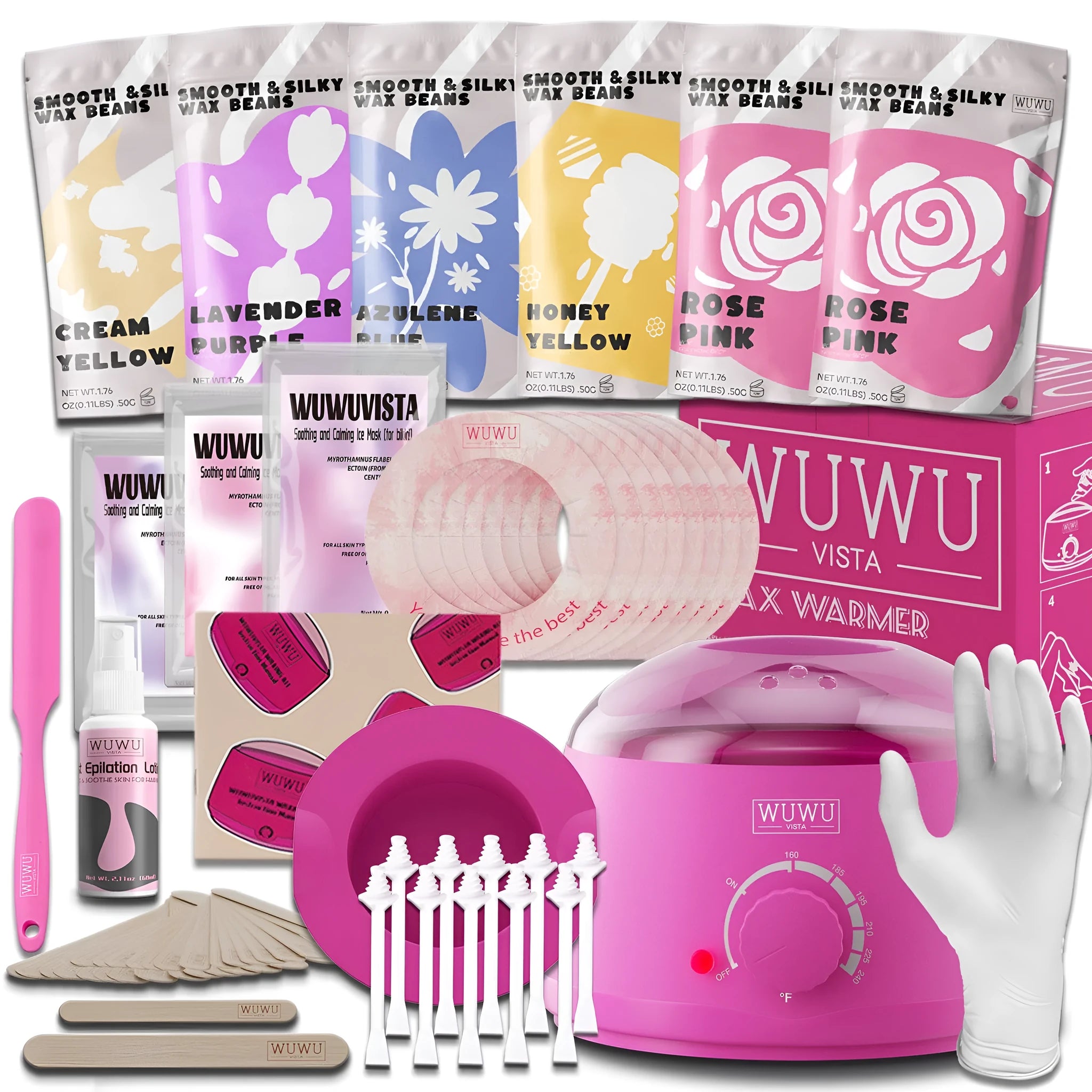 WUWUVISTA 56-piece professional waxing kit with black wax warmer, wax beads, applicators, and aftercare products