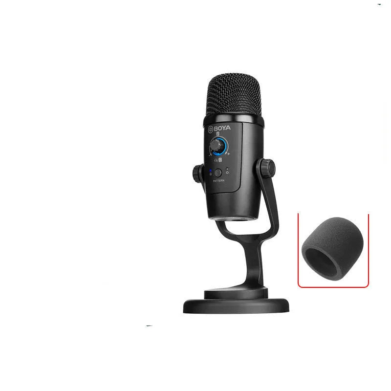 Black Boya BY-PM500 USB microphone with built-in sound card and Type-C port on a stand.