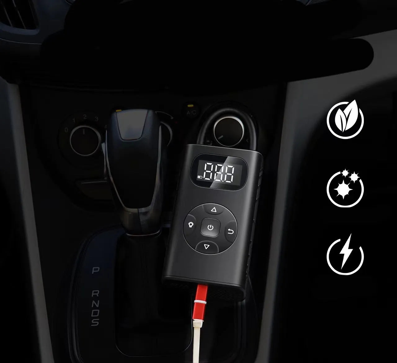 Black portable digital tyre inflator with LCD screen and flexible hose on a black aviation aluminium case.