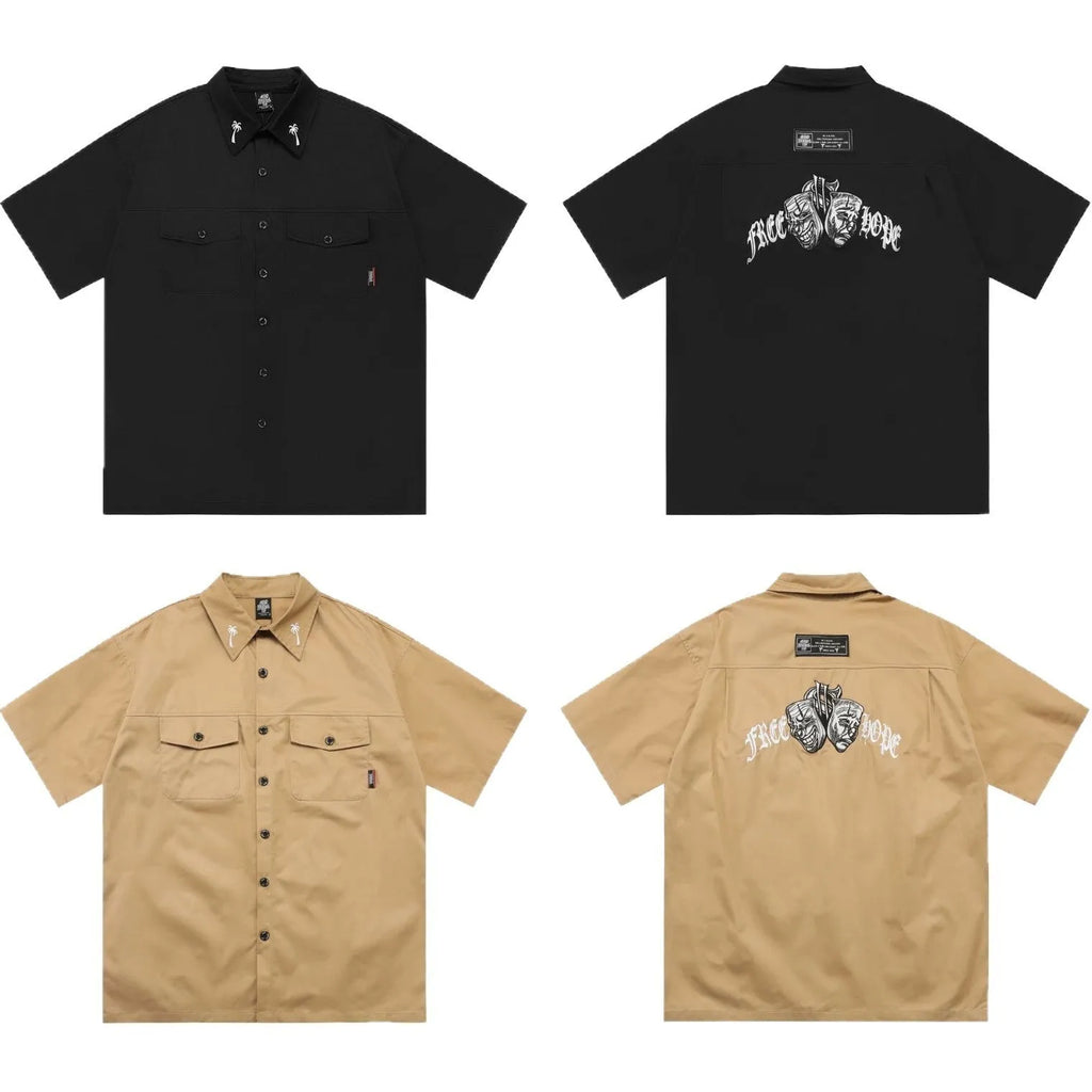 Men's plus size black cotton blend shirt with embroidery detail and half sleeves