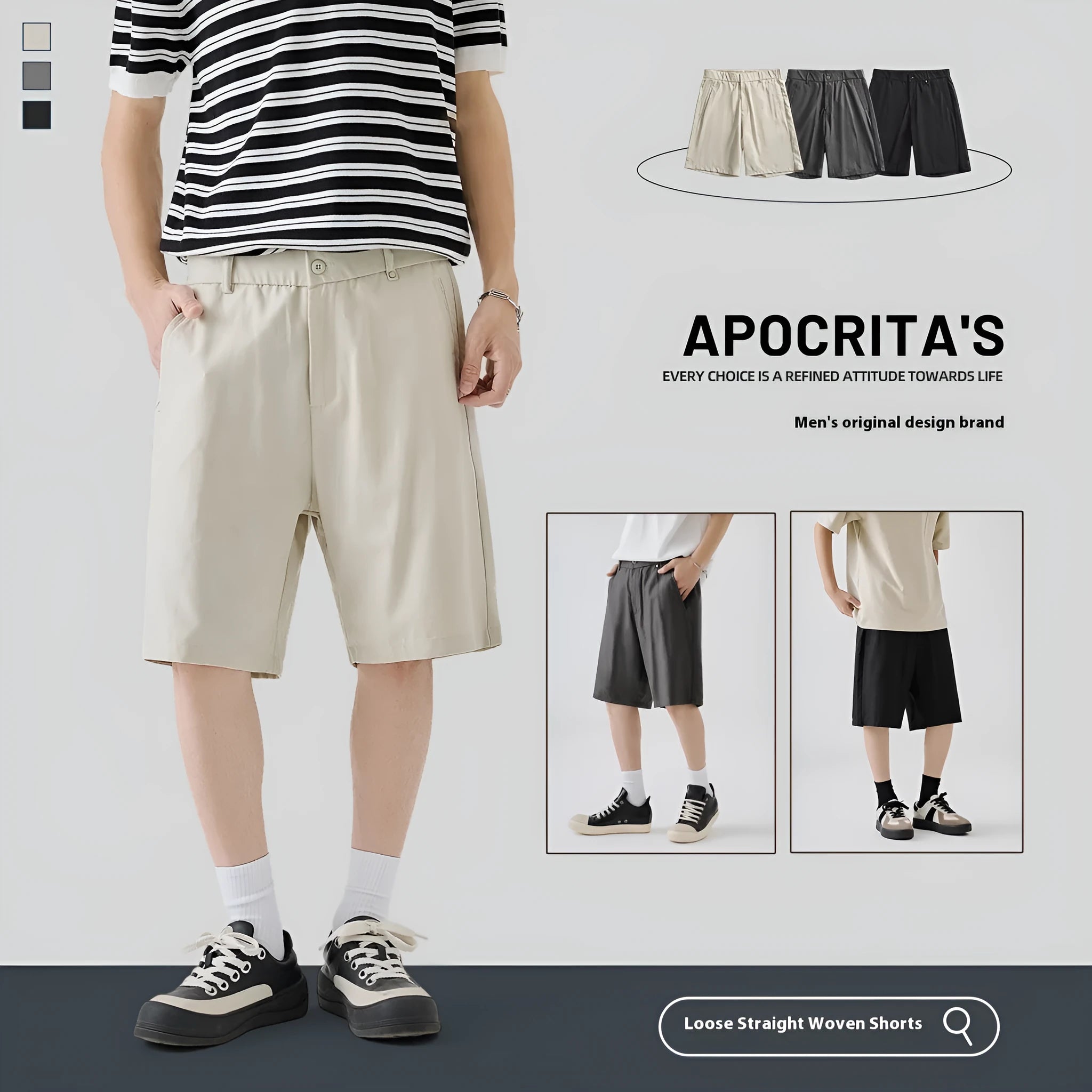 Men's casual shorts in lyocell cotton blend fabric available in apricot, dark grey and black colours