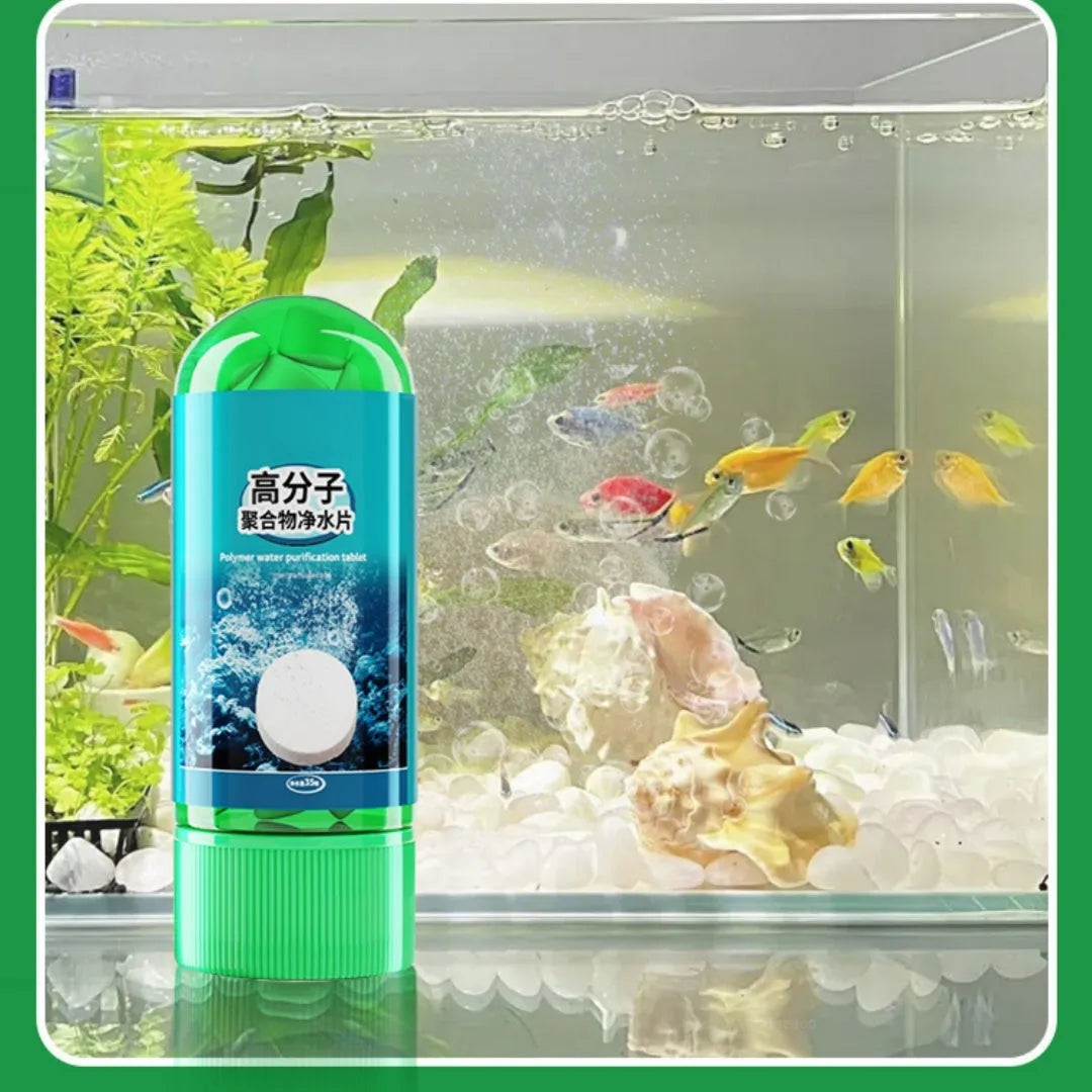 Bottle of 35 polymer water purification tablets for fish tank odour control