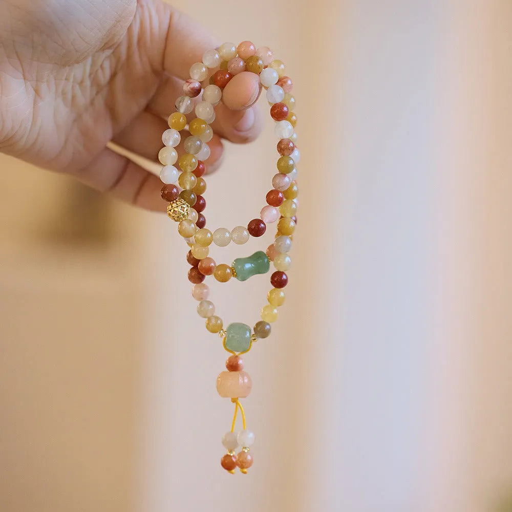 Women's three-circle pumpkin tassel bracelet in Jinsi Jade with 6mm beads for 14-16cm wrists