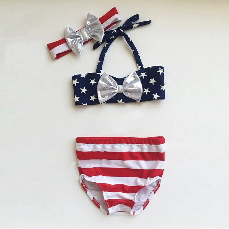 Girls XINGX bowknot three-piece swimsuit in milk silk fabric, colour CC00734, available in sizes 90-130 yards