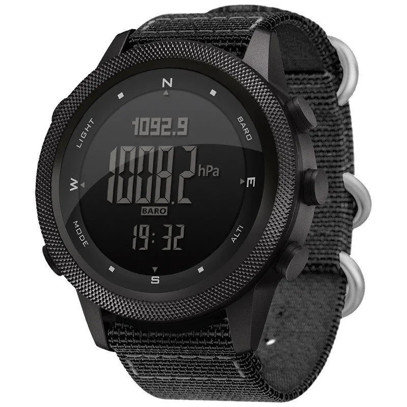 Black nylon digital sports watch with waterproof altimeter barometer compass pedometer, 46mm case, hardened mineral glass screen