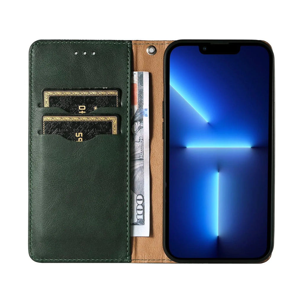 Embossed leather-style flip phone case for iPhone shown in black, brown, blue, and red colours.